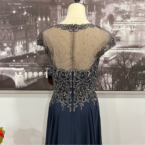 Xscape Navy Blue Embellished Embroidered Princess Neckline Gown NWT -  Reemoly